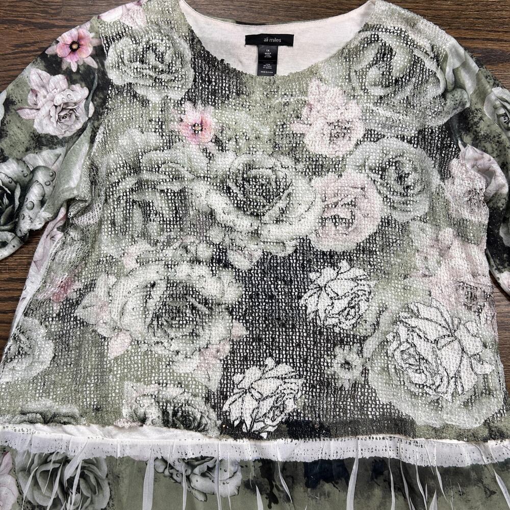 Ali Miles Tunic Blouse Womens 1X Multicolor Floral Ruffle‎ Hem Knit 3/4 Sleeve - Picture 3 of 9
